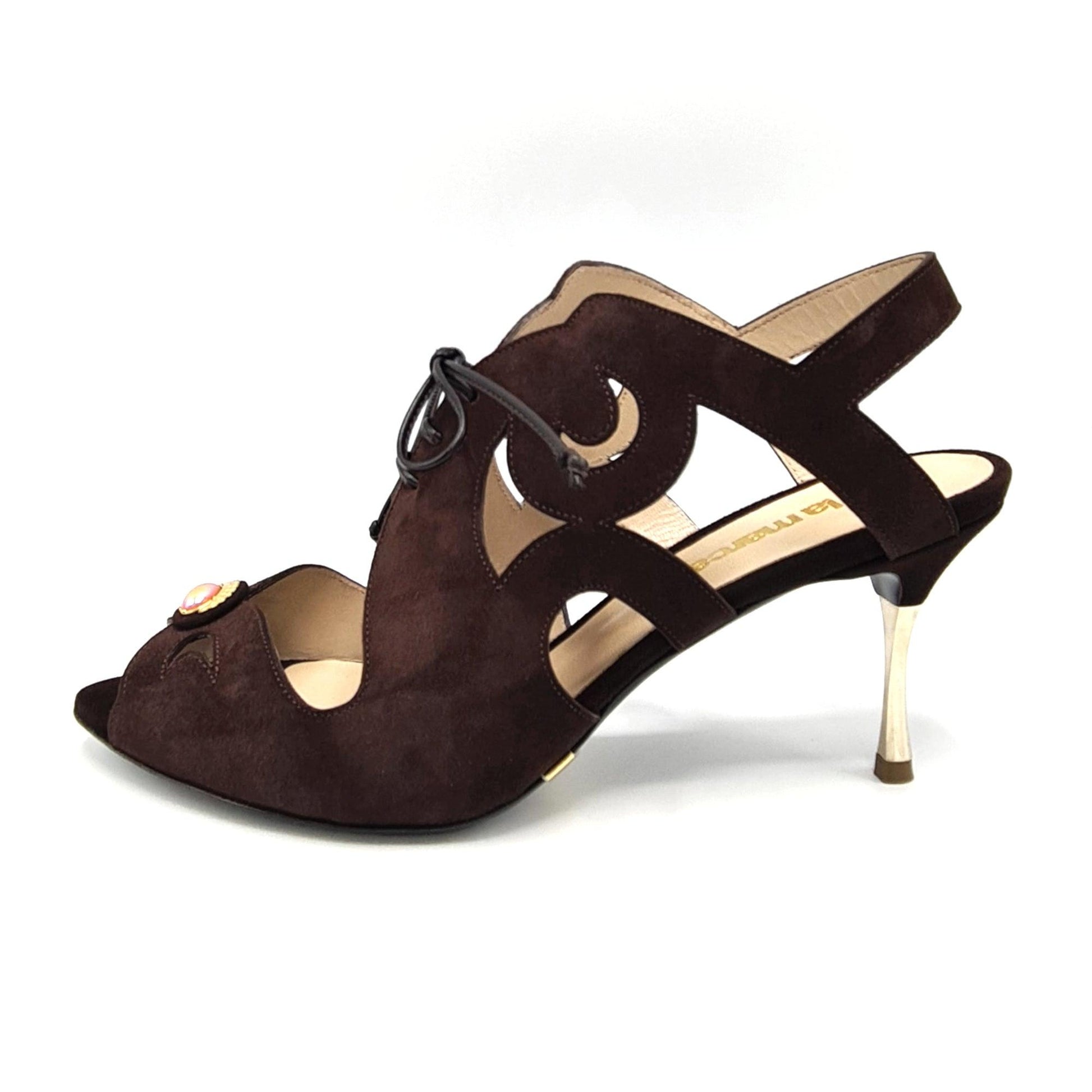 Sandali in camoscio marrone a tacco Made in Italy by La